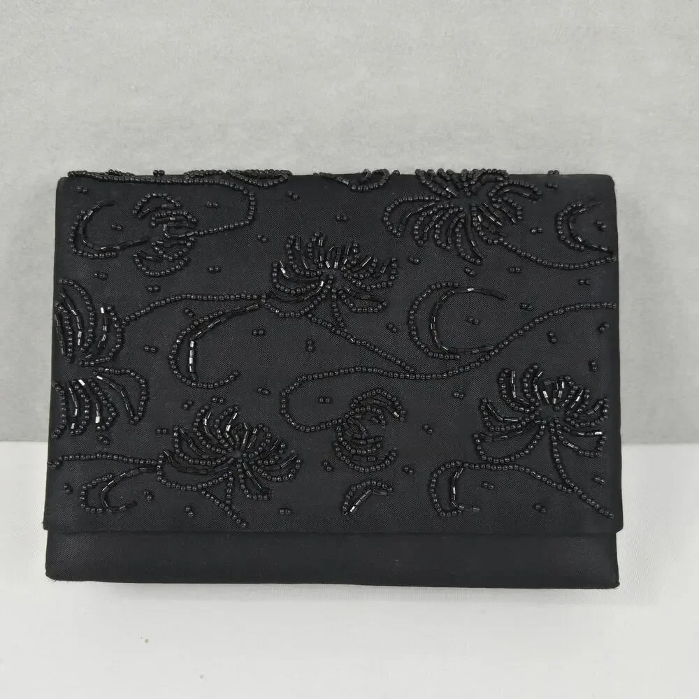 Black Beaded & Satin Square Snap Closure Clutch Purse with Corded Shoulder Strap